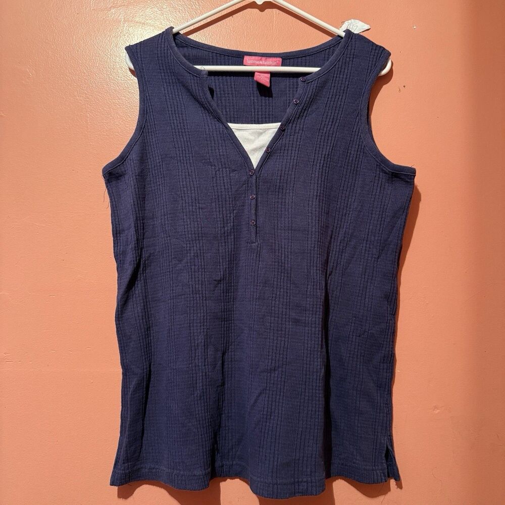 Woman Within Womens Tank Top M Medium Purple White Sleeveless Shirt V Neck